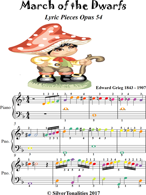Cover image for March of the Dwarfs Lyric Pieces Opus 54 Easiest Piano Sheet Music with Colored Notes